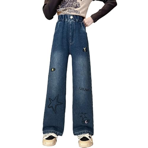 Generisch Jeans Mädchen Baggy Jeans Elastischer High Waist Cargohose Liebesdruck Denim Wide Leg Cargo Pants Hosen Mit Taschen Stretch Vintage Streetwear Y2k Jeans Kinder Jeanshose