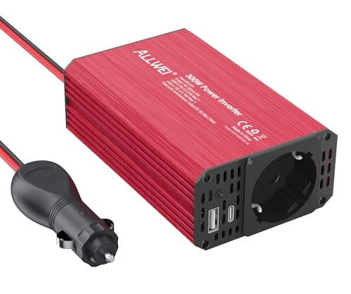 ALLWEI 300W Spannungswandler 12V 230V Wechselrichter mit Typ-C & USB Anschluss - für Auto, Wohnwagen, Camping, Laden von Handys, Laptops und Anderen Geräten (Rot)