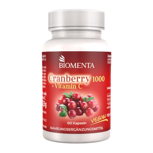 BIOMENTA Cranberry 1000 – 60 Cranberry Kapseln hochdosiert - 1000 mg Cranberry Extrakt + 500 mg Vitamin C/Tagesverzehr - vegan - Premiumqualität