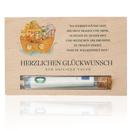 Geldgeschenk zur Taufe, Arche Style Geschenkkarte aus Holz mit Reagenzglas, Sinnvolle Geschenke zur-Taufe mit Sockel, Arche Style Geldgutschein zu-r Taufe Geschenk