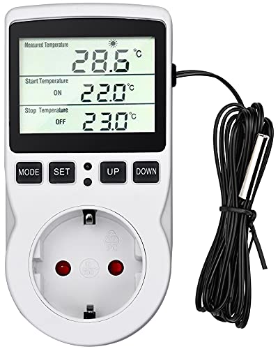 Temperaturregler 230v Digital Thermostat Steckdose Steckerthermostat mit Fühler Zeitschaltuhr, Temperatur Steckdose Heizung Kühlung für Gewächshaus Heizdecke Wassertank