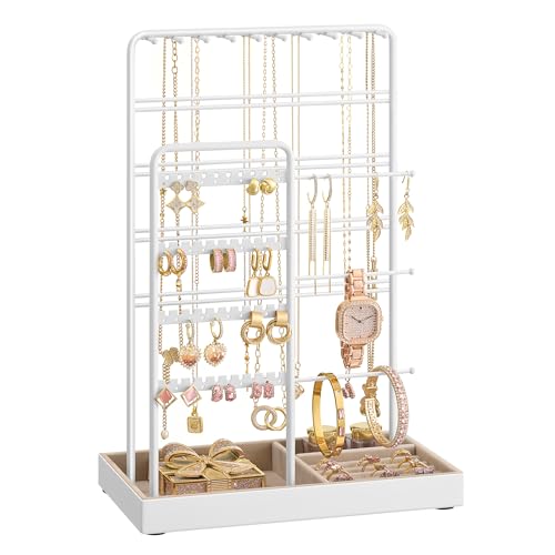 SONGMICS Schmuckständer, Schmuckhalter, Metallrahmen, Schmucktablett Samt, Schmuckaufbewahrung für Halsketten Armbänder Ohrringe Ohrstecker Ringe, Geschenkidee, mattweiß-kamelbraun JJS028W01
