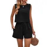 YOMORIO Damen Zweiteiler Sommer Hosenanzug Damen Jogginganzug Set Elegant Outfits Kleidung 2 Teiler Set Crop Tank Top und Shorts Aesthetic Clothes Workout Sport Anzug Schwarz M