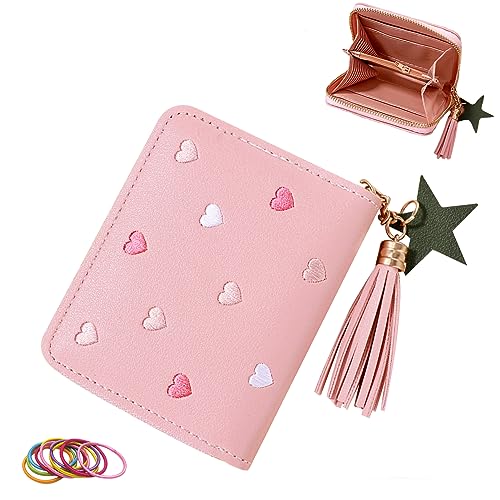 SwirlColor Geldbeutel Kinder, Nette Portmonee Kinder Portemonnaie Jungen mit Kartenhalter PU Leder Mini Geldbörse Kinder mit Quaste Reißverschluss für Kinder Teens Mädchen Frauen(Rosa) (Rosa)