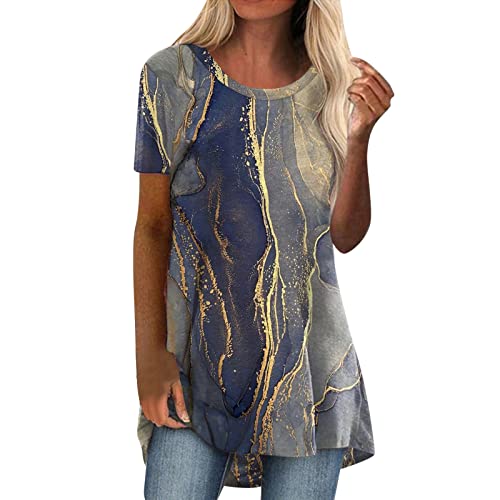 T-Shirt Damen Kurzarm mit Print Damen Sommer Rundhals Fashion Print Kurzarm T-Shirt Top Bluse Baumwoll-T-Shirt (Dark Blue, M)