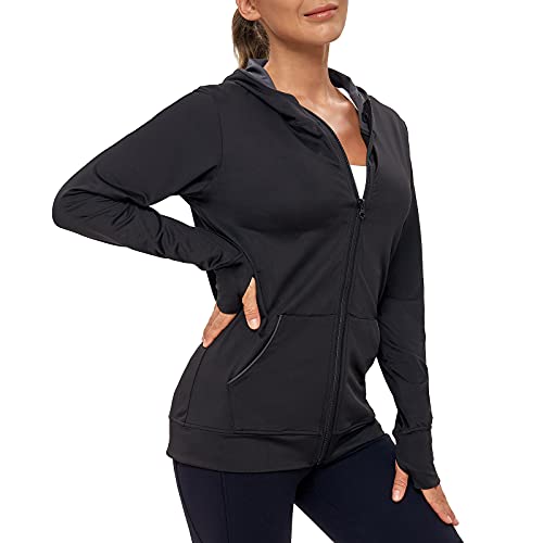 AMZSPORT Damen Laufjacke Sportjacke Langarm Trainingsjacke Sweatjacke mit Tasche Für Fitness Yoga Sport, Schwarz L