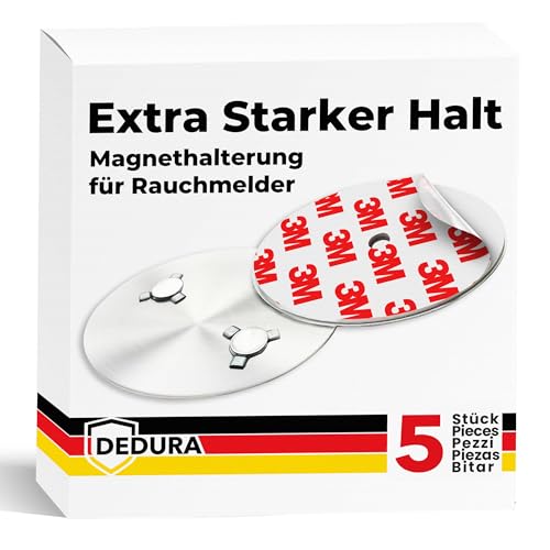 Rauchmelder Magnethalter 5er Set mit extra starken Klebepads - ohne Bohren und Schrauben - Magnethalterung geeignet für alle gängigen Rauchmelder und Feuermelder - Selbstklebende Befestigung