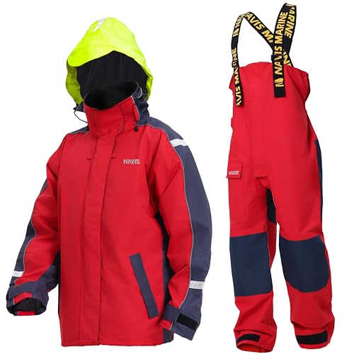 Navis Marine Küsten-Segelanzug-Wasserdicht Atmungsaktive Jacke&Lätzchen Set Herren Schlechtwetterausrüstung(Rot,X-Large)