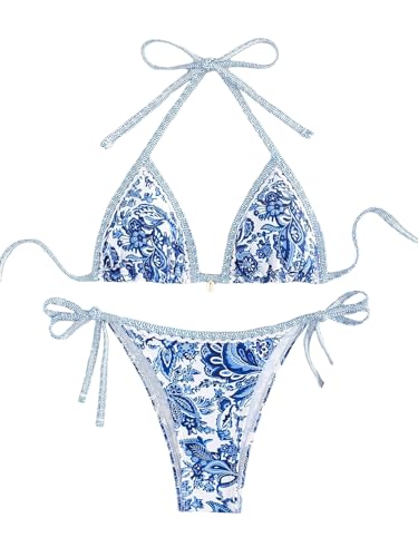 BYFINECANY Damen-Badeanzug, Blumenmuster, Neckholder, Paisleymuster, Sommer-Badeanzug, Bikinis-Set, Blau, Medium
