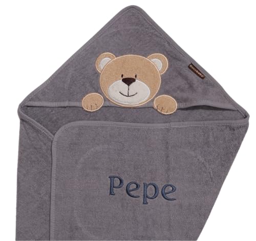 BotoBaby® Kapuzentuch mit Namen Bestickt Handtuch MIT Kapuze ★ 100% Baumwolle ★100x100 cm ★ 75x75 cm ★ Geschenk ★ Geburt ★ Taufe ★ (Grau - Teddybär, 75 x 75 cm)