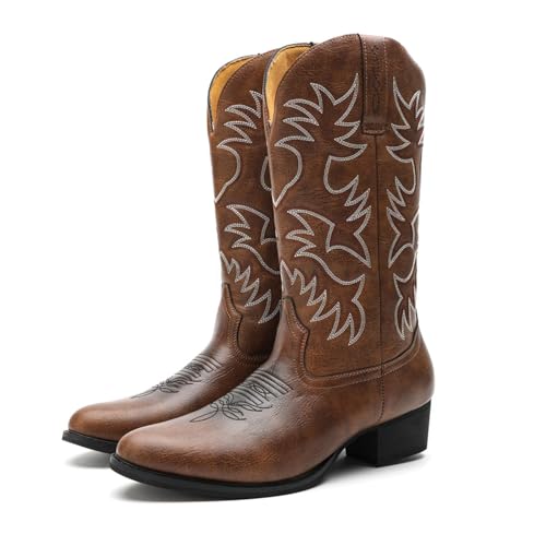 ANUFER Männer Stilvoll Gestickt Cowboy-Stiefel Western Absatz Spitze Zehe Slip-On Stiefel Mit Mittlerer Wade Braun SN071164 EU40