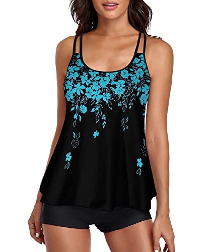 wihnsinop Badeanzug Damen Tankini Bauchweg Bademode Oberteil Set Damen Freizeit Tankinis Badeanzug Zweiteiler Tankini Set Sommer Elegant Badeanzüge für Damen Tankini mit Badeshorts Blau XL