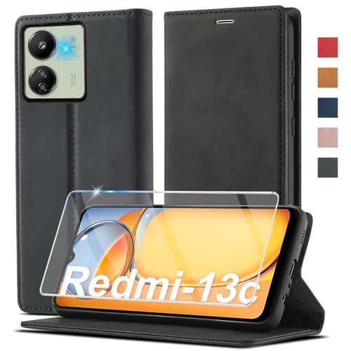 Handyhülle für Xiaomi Redmi 13C Hülle Leder [Mit Schutzfolie] für Xiaomi Redmi 13C/ Poco C65 Hülle Klappbar Leder Flip Wallet Stoßfeste Case Schutzhülle Klapphülle für Xiaomi Redmi 13 C Hülle （4G/5G）