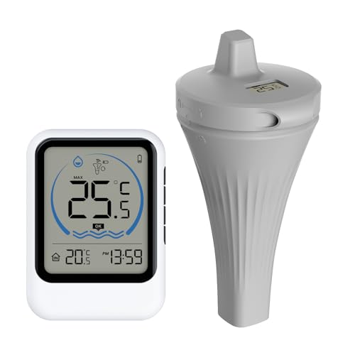 Vislone Kabelloses Poolthermometer mit Temperatursensor für Pool, Aquarium, Schwimmbecken, 12/24-Stunden-Zeitformat, Aufzeichnung der höchsten und niedrigsten Außentemperatur, umschaltbar in ℃/℉