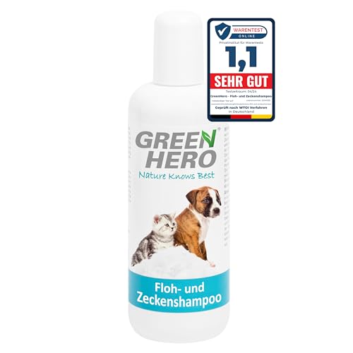 Green Hero Floh- und Zeckenshampoo für Hund & Katze schützt vor Flöhen, Zecken, Milben, Läusen & Parasiten 250ml Hundeshampoo & Katzenshampoo ohne Silikone, Parabene & Mikroplastik