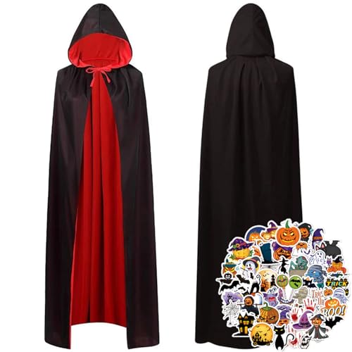 Vampirumhang Unisex Umhang,Mit Halloween Sticker, Kapuzenumhang in Schwarz-Rot, Beidseitig, Kapuzenumhang Schwarz Rot Doppelseitig Mit Erwachsener und Kinder Für Halloween Kostüm (140)