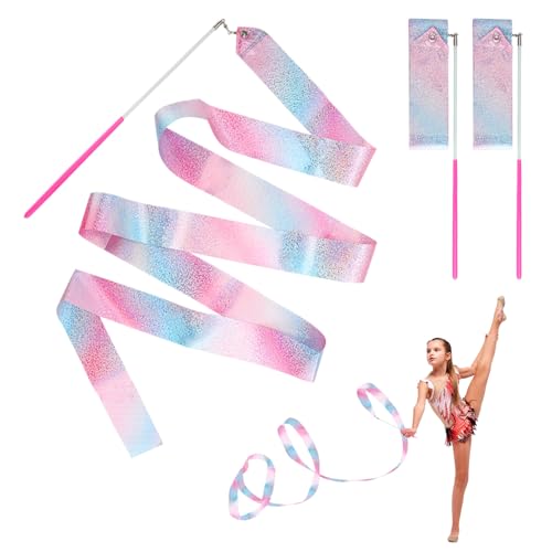 2 Stück blinkende Tanzbänder mit rotem Zauberstab, Rhythmische Gymnastikband, 200 cm lang, drehbares Tanzband für Geburtstagsparty oder Weihnachts-Talentshows, künstlerisches Tanzen,