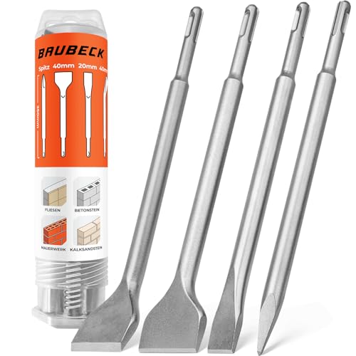 BAUBECK Meißel Set für Beton & Mauerwerk - SDS Plus - LONG LIFE [4tlg] - 250mm lang, angewinkelt und gerade - SDS Plus Meißel Set SDS Meißel Set Meißel SDS Plus