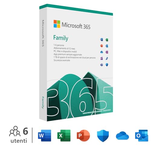 Microsoft 365 Family | 12 Monate, bis zu 6 Nutzer | Word, Excel, PowerPoint | 1TB OneDrive Cloudspeicher | PCs/Macs & mobile Geräte | Italienisch Box