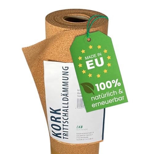 EKB-Kork Trittschalldämmung 15x1m 2mm stark I natürliche Dämmunterlage I Rollenkork für Parkett & Laminat I Trittschallreduktion aus nachwachsendem Korkmaterial I Umweltfreundliche Trittschalldämmung