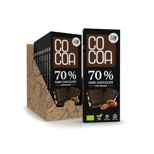 CO COA Dunkle Schokolade 70% mit Pekannüssen BIO BOX 10x40g (400g), ohne weißen raffinierten Zucker, ROH-Schokolade aus ungerösteten Kakaobohnen, klassische dunkle Schokolade mit Pekannüssen.