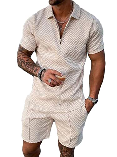 Osheoiso 2 Teiliges T-Shirt und Hosen Sets Herren Shirt Shorts Jogginganzug Casual Freizeitanzug Outfit Sweathose Kurze für Herren Polo Hemd Kurze Hose Lässige Shorts A Khaki S