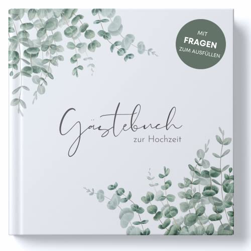 MAVANTO Gästebuch Hochzeit mit Fragen zum Ausfüllen - Hochwertiges Hochzeitsgästebuch für unvergessliche Erinnerungen (44 Doppelseiten, Eukalyptus)