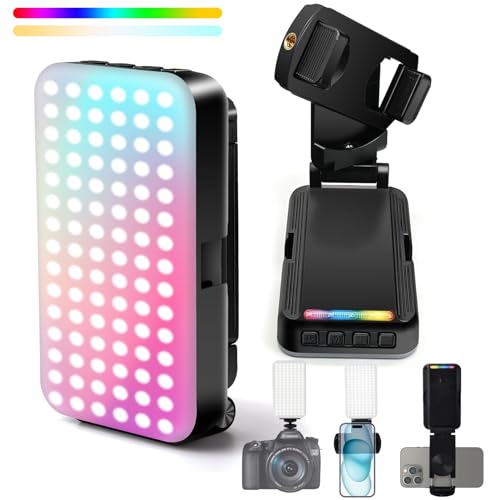 LED Videoleuchte RGB mit Handy-Clip, Bicolor Videolicht Dimmbar 3000-6500K,LED Selfie Licht 2000 mAh und 17 RGB Lichtmodi, 360°Drehbar Tragbar Videokonferenz Licht für Handy,iPhone,iPad,Camera