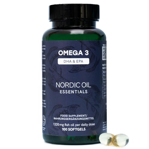 Omega 3 100 Kapseln 1220 mg | DHA & EPA Omega 3 Fettsäuren hohe Bioverfügbarkeit | hochdosiert natürliches Fischöl zur kognitiven & kardiovaskulären Unterstützung | Nordic Oil