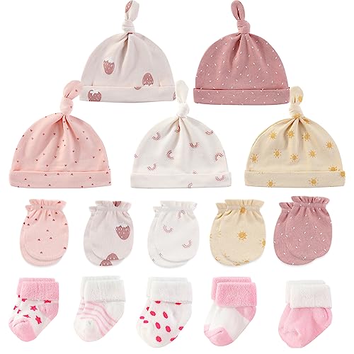 MAMIMAKA Baby Caps Handschuhe und dicke warme Socken Baumwolle Neugeborene Essentials Zubehör (Hüte+Handschuhe+Terry Socken),0-6 Monate