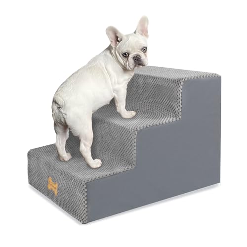 Nepfaivy Hundetreppe für Kleine Hunde 3-Stufig, Hundetreppe Hunderampe für Bett und Sofa aus Hochdichtem Schwamm, Haustiertreppe mit Abnehmbarem, Waschbarem Bezug und Rutschfestem Boden, 45x40x34cm