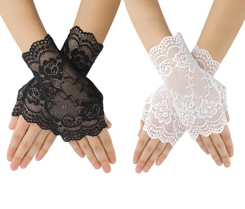 Fingerlose Handschuhe,Spitzenhandschuhe Schwarz,Halloween Handschuhe,Fingerless Gloves,Fingerlose Handschuhe Damen,Handschuhe Damen,Handschuhe Weiß,Spitzenhandschuhe,Fingerless Lace Gloves,2 Paar