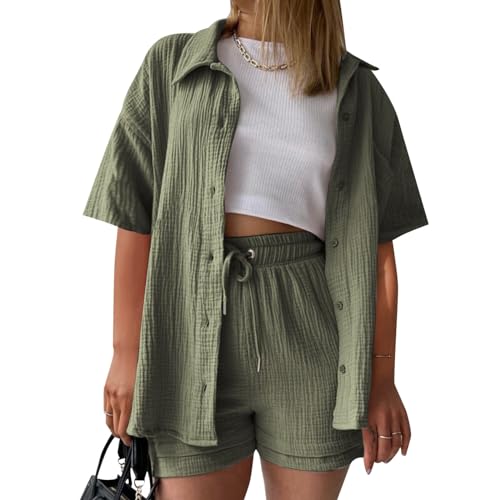 Summer Zweiteiler Damen Musselin Bluse Set, Elegant Leinen Bluse Hemd Und Shorts Einfarbig Lounge Set Strand Y2k Clothes Baumwolle Sportanzug Oversize Freizeitanzug Kurzarm Hausanzug Outfits