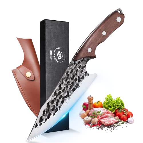 DRAGON RIOT Kochmesser Japanisch Wikinger Messer Handgeschmiedet Chefmesser Profi Küchenmesser Scharf Grillmesser Outdoor Messer mit Scheide Japanisches Messer für Küche Camping Grill BBQ