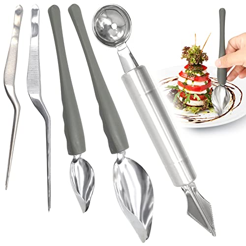 AMJKEJI Dekorierlöffel Set,5 Stück Edelstahl Dekorierlöffel Set, DIY Kuchen Schokolade Gebäck Dekorieren, Zeichnen Sie exquisite Muster, Dessert Kuchen Dekorieren Tools