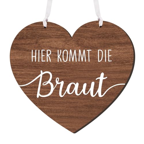 MEJOSER Hochzeit Schild Holz 22cm Hochzeitsdeko Hier Kommt die Braut Herz Trauung Deko Hochzeitsschild für Blumenmädchen Blumenkinder Brautjungfer Stuhl Wand Braut Team Braut JGA