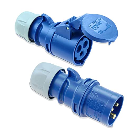 IntuiFlex CEE Camping Stecker und Kupplung Set 3-polig 230 V 16 A IP44 mit Schraubklemmen - Caravan Wohnmobil Wohnwagen Boot Zubehör/CEE Stecker Camping Set - PCE Shark IP44 230V 16A Blau Bundle