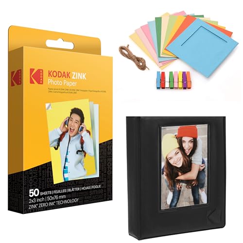 Kodak 5,1 x 7,6 cm Premium-Fotopapier (50 Blatt) + Bunte quadratische Bilderrahmen zum Aufhängen + Fotoalbum (kompatibel mit Printomatic)