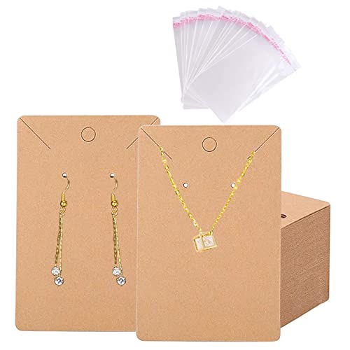 100 Stück Ohrring-Display-Karten-Set, VEGCOO 50 Kraft-Ohrringhalter-Karten & 50 selbstversiegelte Aufbewahrungstaschen, Schmuck-Display-Karte, Verpackung, Karte, Ohrring-Tags für Ohrringe, Halsketten,