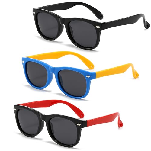 Ltsbaed 3 Stücke Sonnenbrille für Kinder, Polarisierte Sonnenbrille UV400 Schutz, Silikon Rahmen, für Mädchen und Jungen (Mehrfarbig)