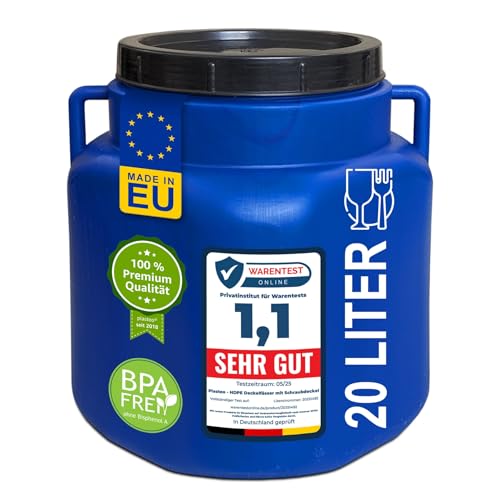 plasteo® 20 Liter Weithalsfass mit Deckel und Griffen Eckig Blau, Lebensmittelecht und BPA-Frei, Futtertonne Kunststofffass Universalfass Deckelfass Wasserfass Regentonne Lagerfass, Blau