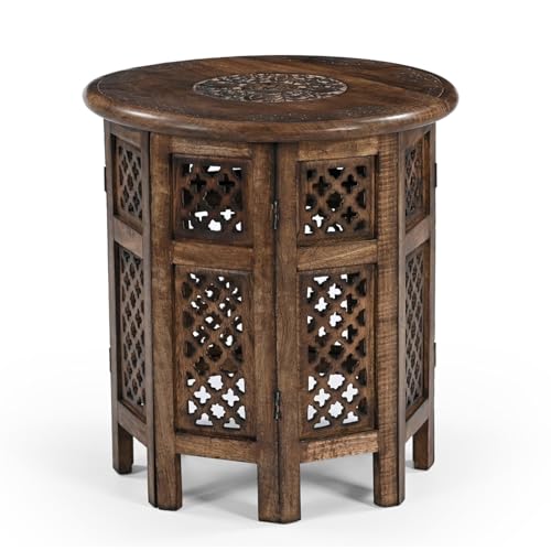 iAnanas Handgeschnitzter runder Beistelltisch mit orientalischer Mangoholz rustikaler Vintage Look ideal als Dekoration Nachttisch Wohnzimmer stabil & langlebig künstlerische Schnitzmuster 45x45x45cm
