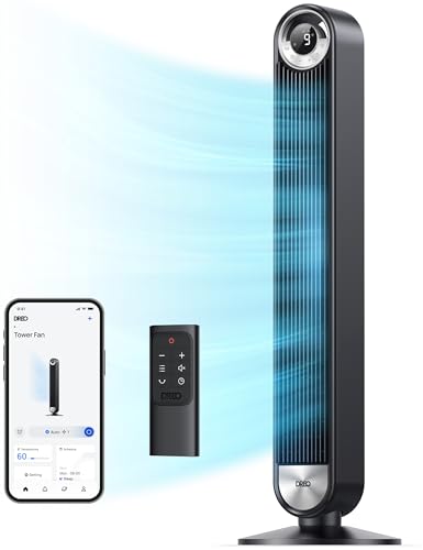 Dreo Smart Leiser Turmventilator mit Kühlung, 106cm WiFi Alexa Tower Fan, 90° oszillierender Ventilator, Fernbedienung 9-Geschwindigkeit 4 Modi 12 Std Timer Sprachsteuerung, Cruiser Pro T2S, Schwarz