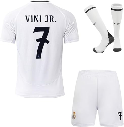 BlackAzat 2024/2025 Madrid Heim #7 Vini Jr. Vinicius Football Fußball Kinder Trikot Shorts Socken Set Jugendgrößen (Weiß/Gold,30.)