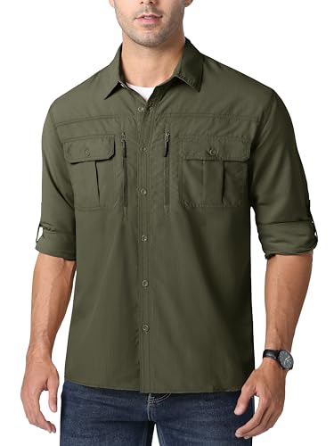 MAGCOMSEN Safarihemden für Herren UPF 50+ Outdoor Hemden Lange Ärmel Wanderhemd Herren Atmungsaktiv Sporthemd Shirt Leicht Funktionshemd Schnelltrocknend Tropenhemd Armeegrün M