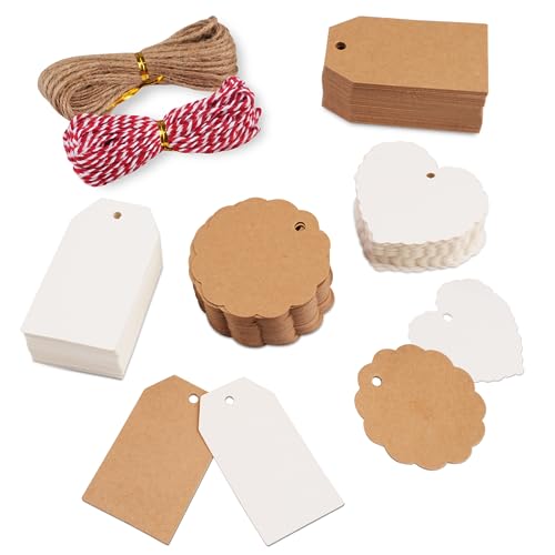 Hoiny Geschenkanhänger, 200 Stück Kärtchen zum Beschriften, Anhänger Papier mit Schnur, Kraftpapier Etiketten für Hochzeit Geschenk, Handmade (Braun, Weiß)