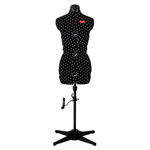 PRYM 611752 Schneiderpuppe „Prymadonna Polka Dots“ in schwarz-weißem Pünktchen-Design, dreh- und höhenverstellbar, Größe S (36-42), inkl. Rockabrunder mit Stecknadelfixierung, integriertes Nadelkissen