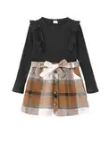 PATPAT Bekleidungssets für Mädchen A-Linie Plaid Rock Set, Komfortable Stoffe Kleinkind Mädchen Mode Kleidung 2Pcs Outfits Set - Ideal für Schule, Freizeit und Outdoor, Schwarz, 8-9 Jahre, 128-134