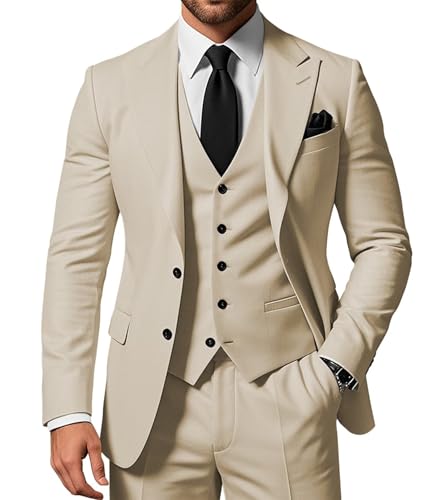 SPTALLFITJSV Herren-Anzug-Set, schmale Passform, 3-teilig, für Hochzeit, Abschlussball, Party, einfarbiger Blazer mit Zwei Knöpfen, einreihige Weste und Hose, Beige, XL