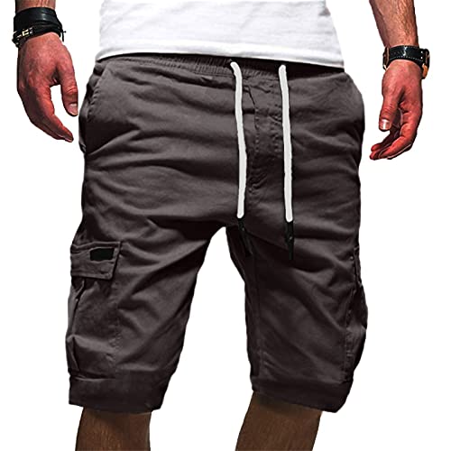 Generisch Herren Cargo Shorts Sommer Einfarbig Kurze Hose mit Kordelzug Bequeme Männer Cargohose Atmungsaktive Arbeitsshorts Outdoor Freizeit Hosen mit Taschen Sportlich Lässig